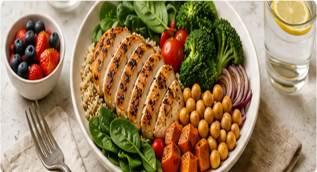 balanced whole food meal with vegetables whole grains beans nuts and lean protein