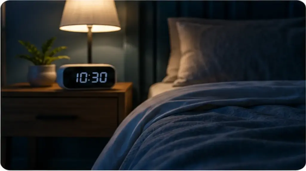 calm bedroom with comfortable bed and bedside clock for healthy sleep routine