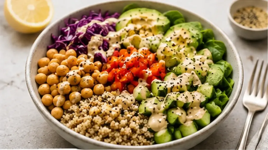 colorful quinoa chickpea avocado and vegetable bowl plant based recipe