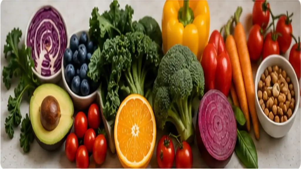 colorful vegetables fruits leafy greens and plant foods for a balanced nutrition strategy