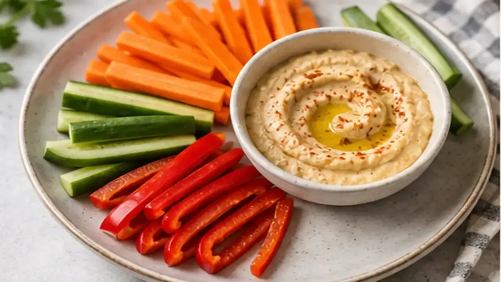 fresh vegetable sticks with hummus high fiber snack