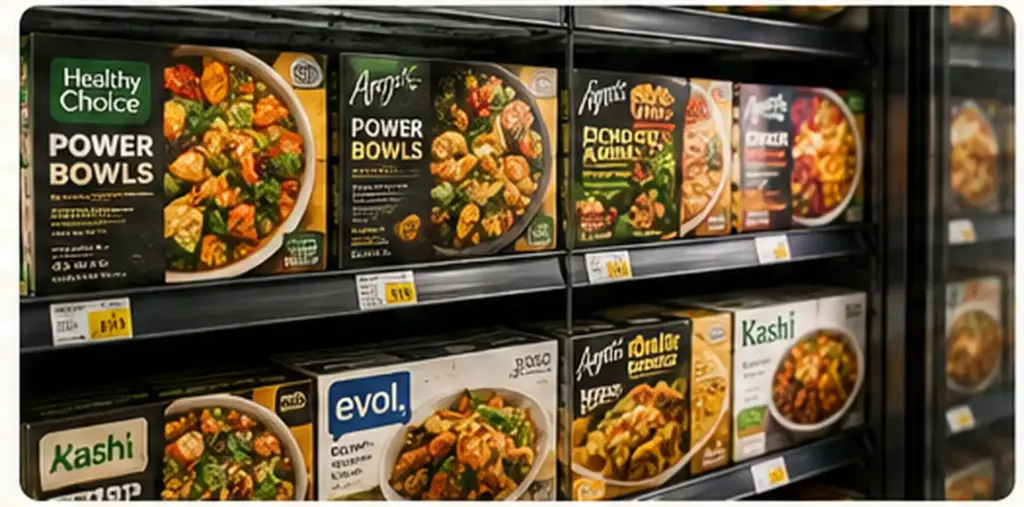 frozen healthy meals organized in a grocery store freezer aisle