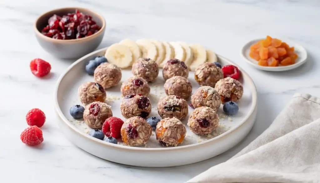 fruit forward vitality bites with dates banana cranberries apricots and oats