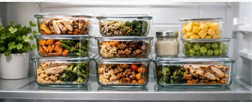 glass meal prep containers organized for a high protein meal prep week