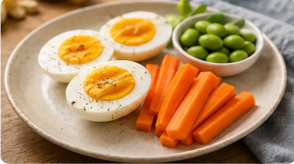 hard boiled eggs edamame and carrot sticks high protein snack for kids