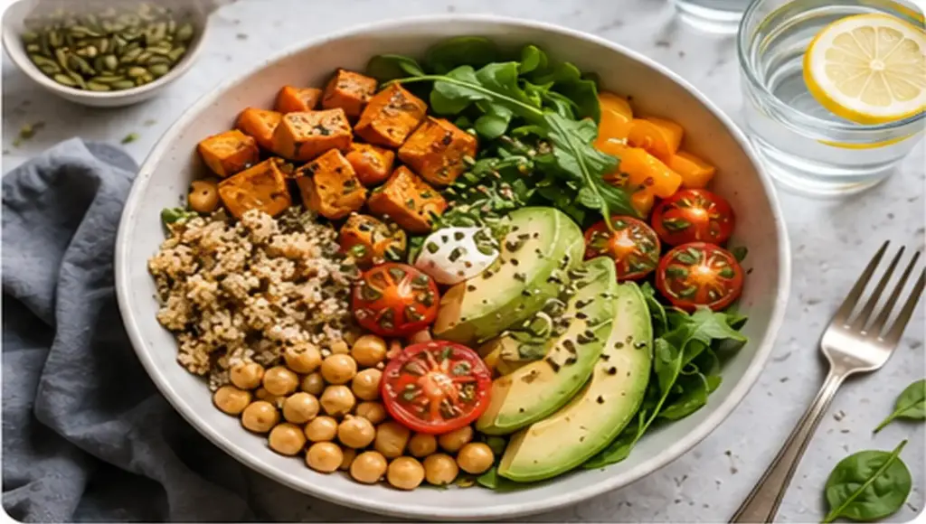 healthy balanced plant based meal for steady energy and mental wellness