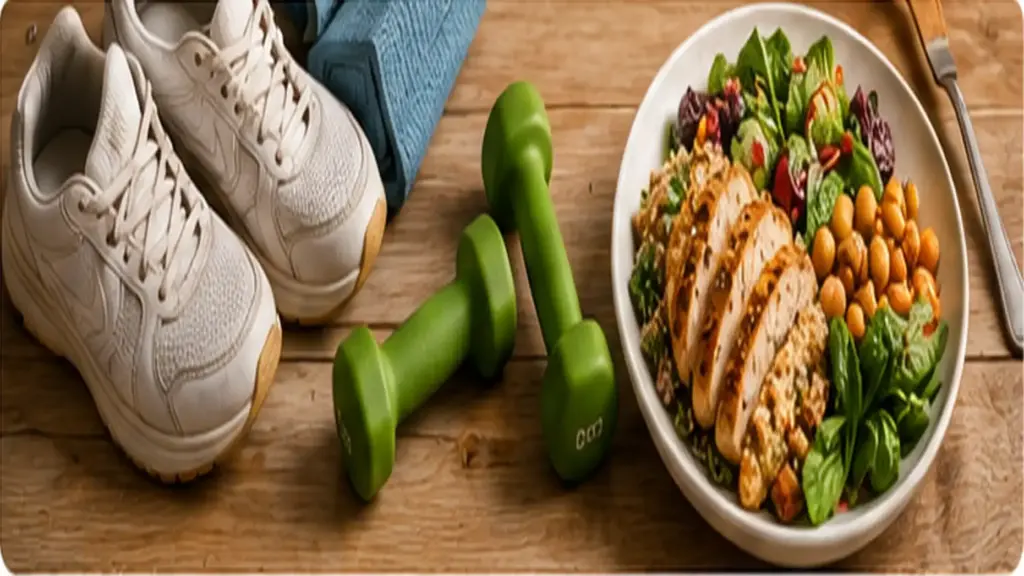 healthy nutrition and active lifestyle with nutritious food and regular exercise
