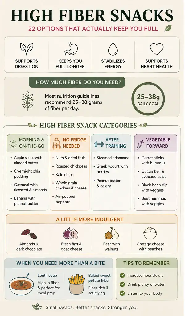 high fiber snacks guide showing daily fiber needs snack categories and practical tips