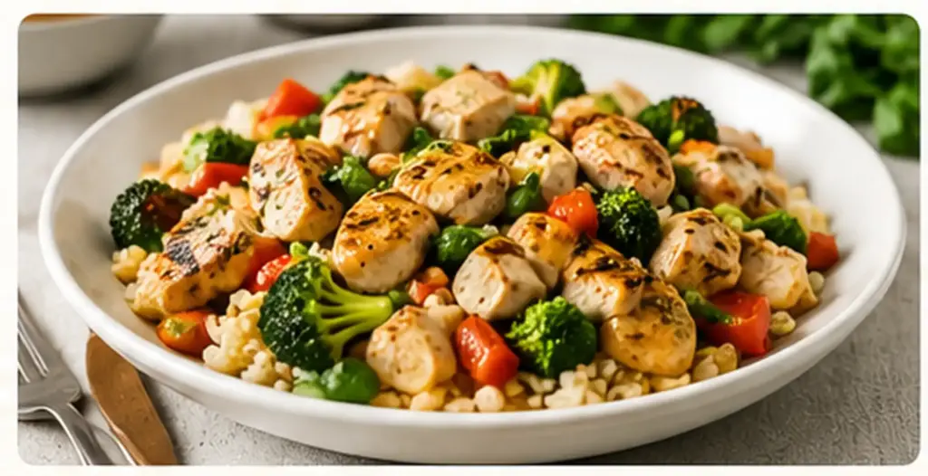 high protein frozen meal with grilled chicken vegetables and whole grains