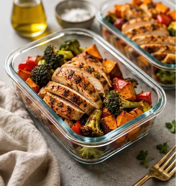 high protein meal prep containers with grilled chicken and roasted vegetables