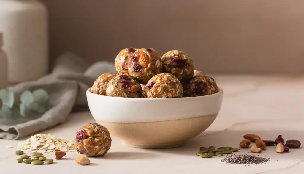 homemade protein and fiber vitality bites with oats nuts seeds and dried fruit