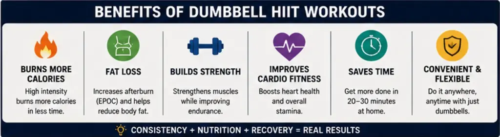 infograph showing benefits of dumbbell hiit workouts for fat loss, strength, and overall fitness