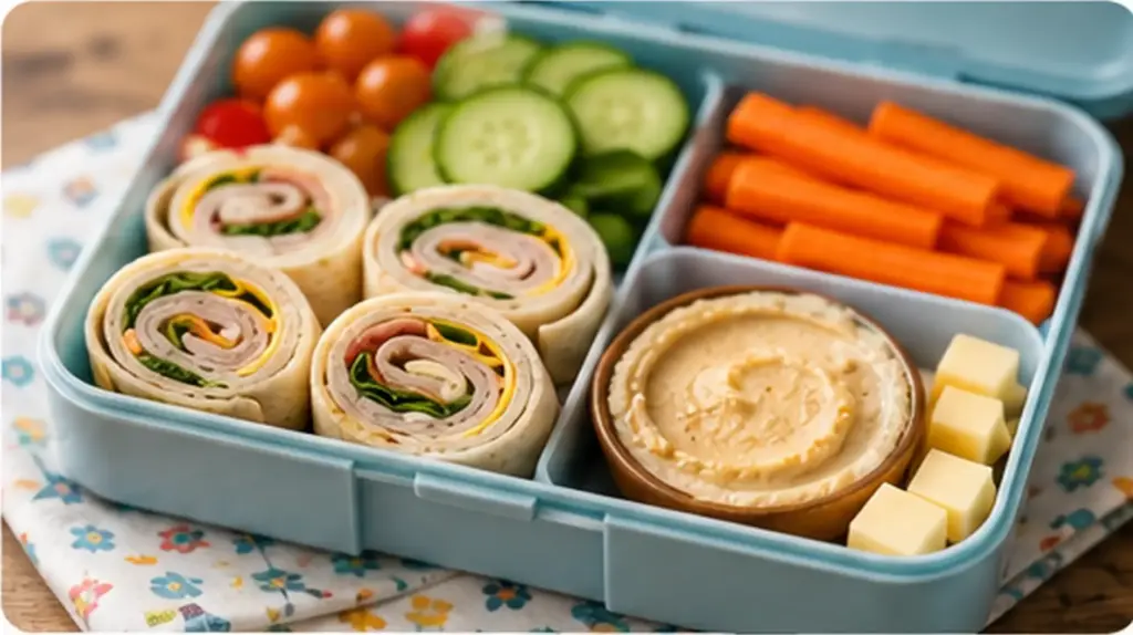 kid friendly lunchbox with turkey cheese roll ups vegetables hummus and healthy snacks