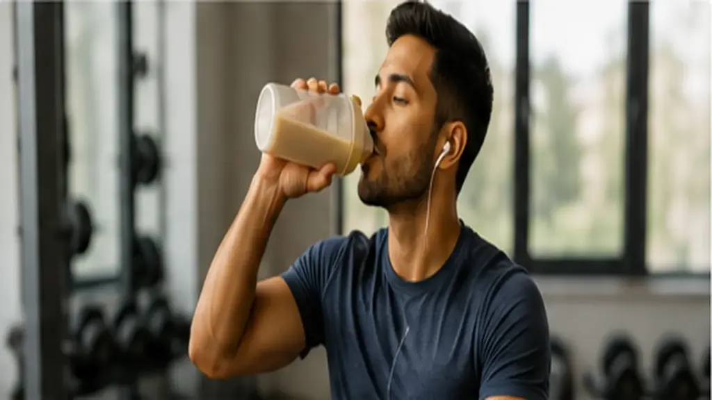 man drinking a banana protein shake after a workout