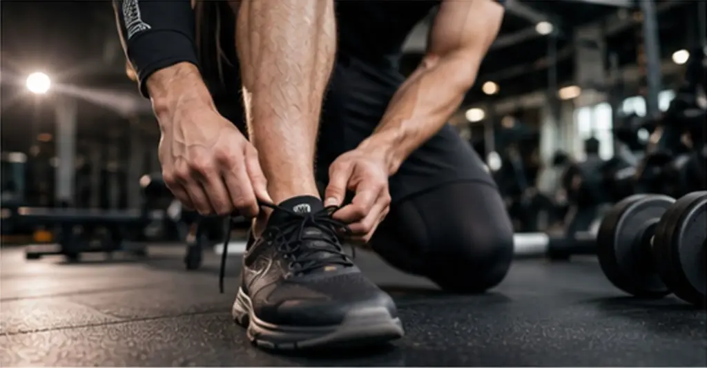 man tying to laces on training shoes in a gym