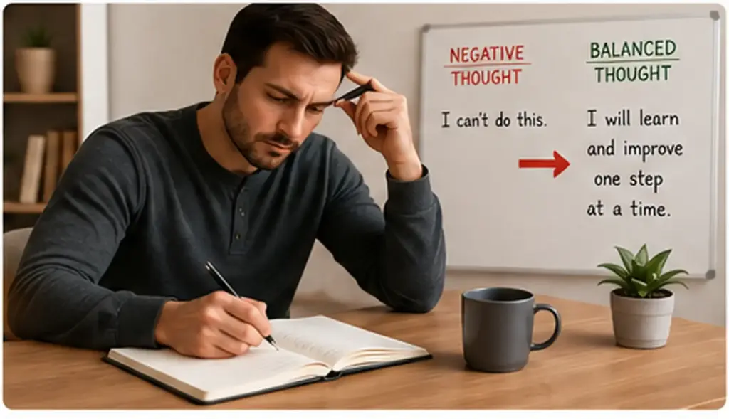 man writing in a notebook while reframing negative thoughts into a balanced perspective