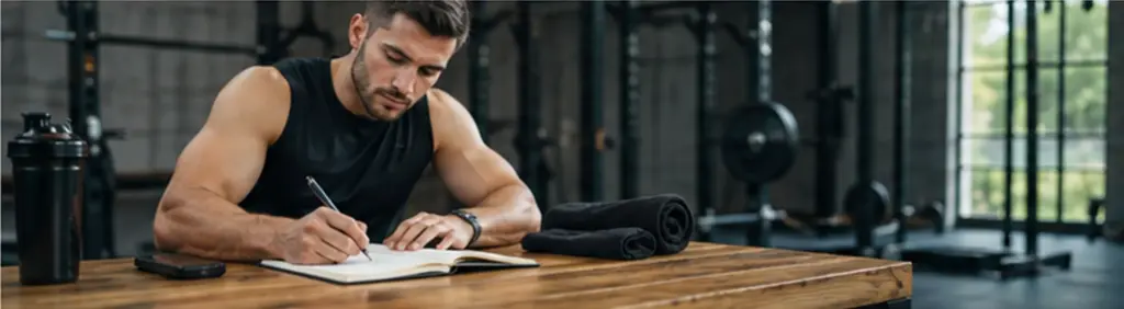 man writing in a workout journal at the gym