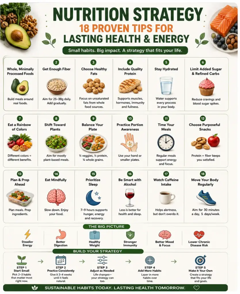 nutrition strategy infographic showing 18 healthy eating habits for lasting health and energy