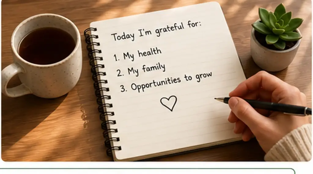person writing a gratitude list and positive affirmations in a journal