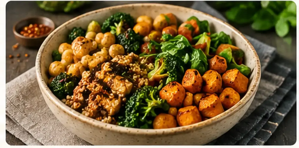plant based frozen meal with vegetables chickpeas and whole grains