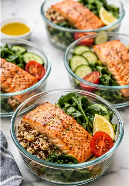 weekly high protein meal prep bowls with salmon quinoa and greens