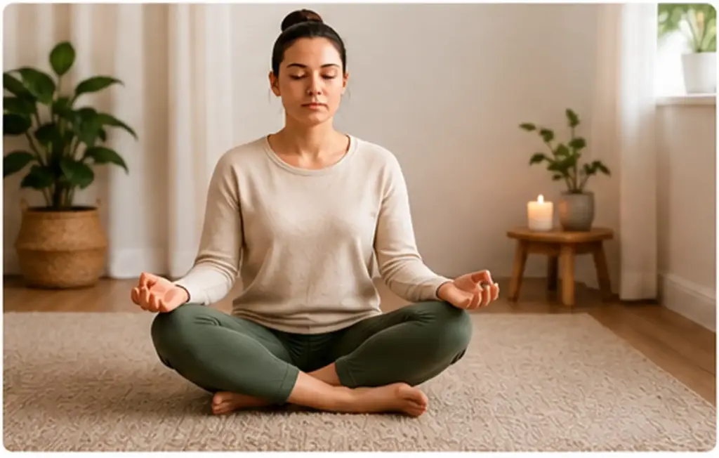woman meditating in a quiet room practicing mindfulness and thought observation