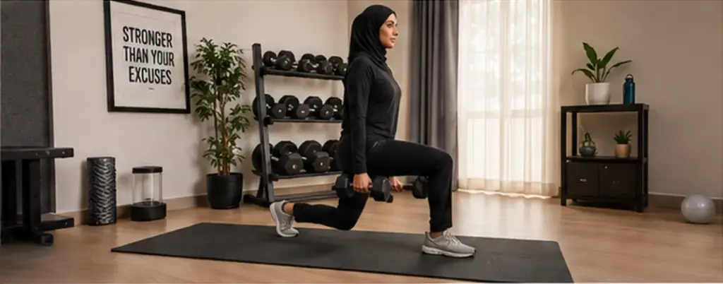 woman performing a dumbbell lunge in a clean, organized home gym
